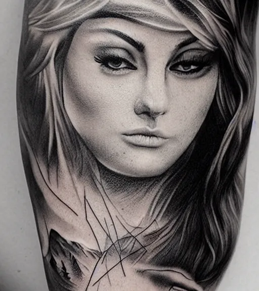 Prompt: amazing blend effect of beautiful mountain scenery with a beautiful woman face, tattoo design sketch, hyper - realistic, in the style of matteo pasqualin, amazing detail, black and white