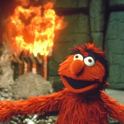 Image similar to “film still of Bert from Sesame Street throwing the one ring into the fires of mount doom as Ernie from Sesame Street tries to take it back”