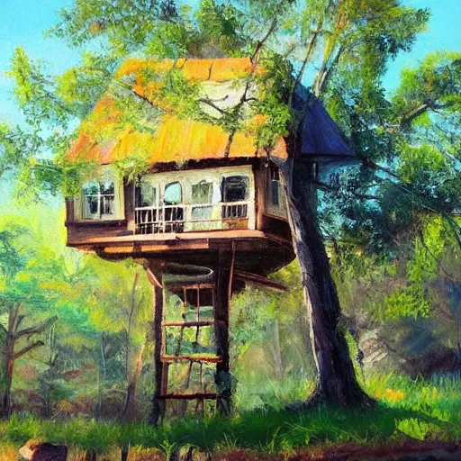 Image similar to treehouse in the countryside on a sunny day, peaceful, dreamy, brush strokes, oil painting