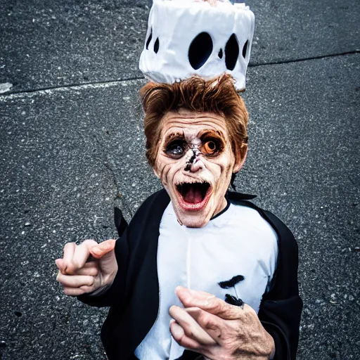 Prompt: willem dafoe trick or treating on halloween, ( sony a 7 r iv, symmetric balance, polarizing filter, photolab, lightroom, 4 k, dolby vision, photography awardm, voque, perfect face )