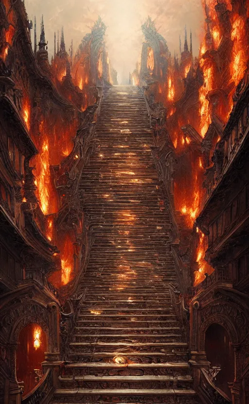 Prompt: stairs from hell to heaven, flames, heavens, paradise, fantasy, hell, beautiful, intricate detail, intricate, epic, vast, digital painting by greg rutkowski, artstation, very detailed, cinematic lighting, concept art
