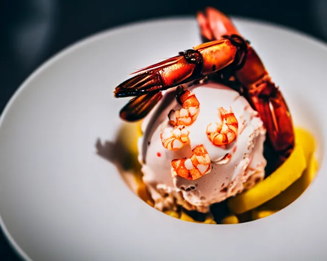 Prompt: dslr food photograph of an ice cream desert with shrimp on. 8 5 mm f 1. 4