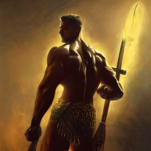 Image similar to handsome portrait of a spartan guy bodybuilder posing, radiant light, caustics, war hero, hibiscus, by gaston bussiere, bayard wu, greg rutkowski, giger, maxim verehin