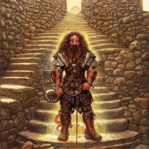 Prompt: The dwarven warrior cleric is standing on the stone spiral staircase and is confused, art by Donato Giancola and James Gurney, digital art, trending on artstation