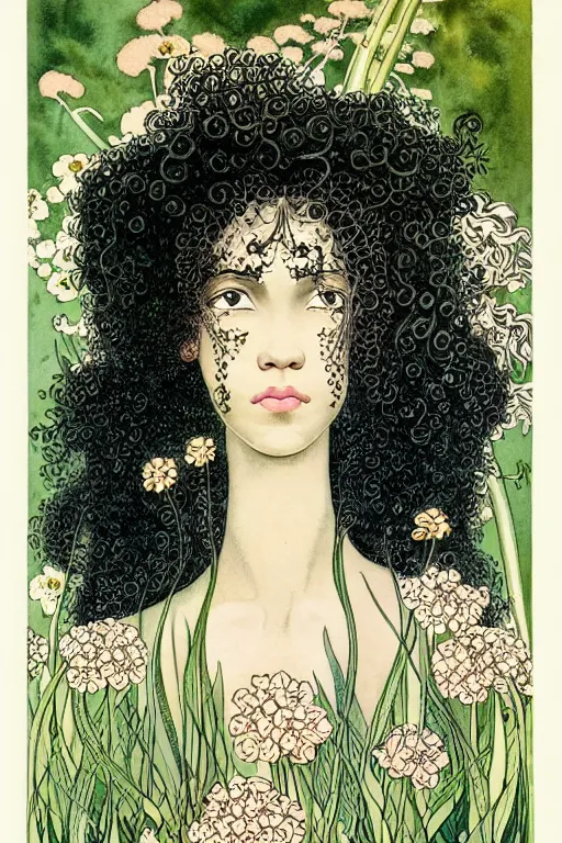 Image similar to realistic face of serene black woman with curly hair with flowers growing around, flower frame, detailed art by kay nielsen and walter crane, illustration style, watercolor