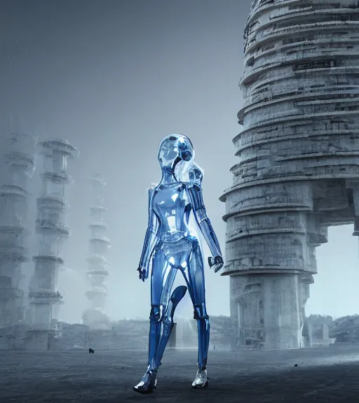 Image similar to tarkovsky greatest scene, tower of babylon destroyed, ethereal, ancient, majestic woman in a futuristic cyber clothing, transparent puffer jacket, hyperrealistic, blockchain, cyber world, ambient lighting, concept art, intricate sky, hyper - detailed, smooth, dynamic volumetric lighting, octane, ray tracing, cinematic, high quality, cgsociety