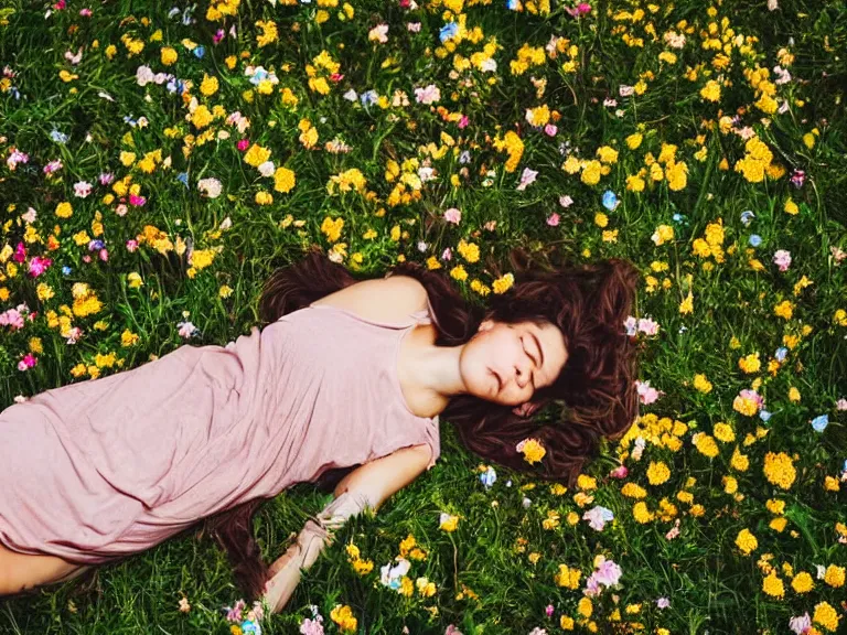 Prompt: girl laying down in the lawn full of flowers that smells like honey amongst forest with her soul connected to the nature around her