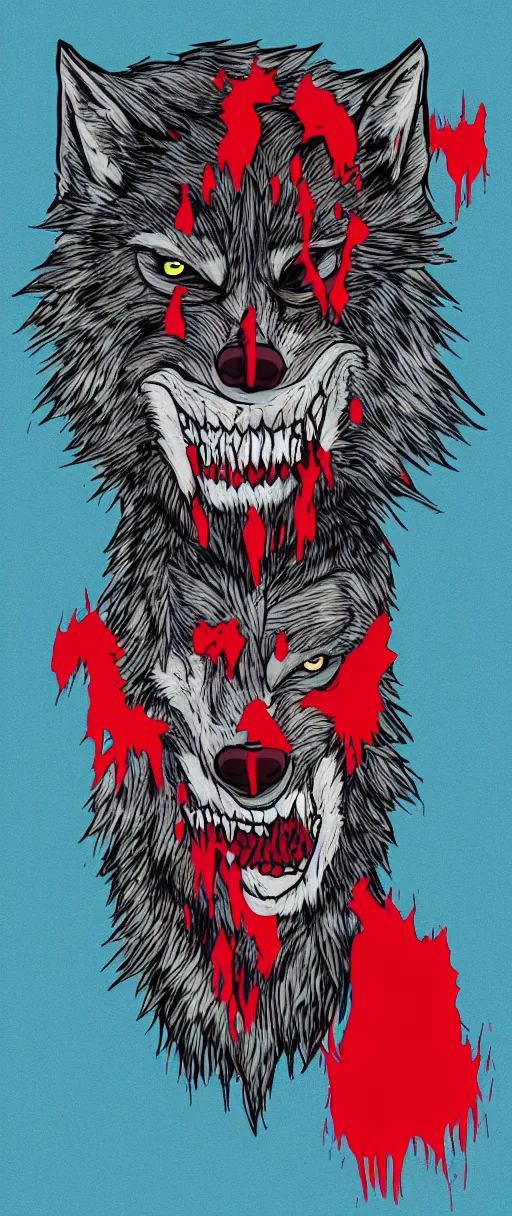 Image similar to wolfman with red liquid on his mouth, digital art, pastel, colorful, sticker, vector art