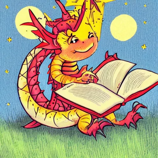 Prompt: cute dragon reading a book under the stars