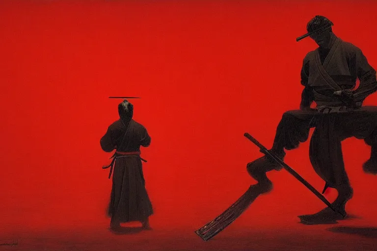 Image similar to only with red, a red samurai harakiri, tokio, a lot of frogs watch, in the style of beksinski, parts by edward hopper, parts by rodcenko, parts by yue minjun, intricate and epic composition, red by caravaggio, insanely quality, highly detailed, masterpiece, red light, artstation, 4 k