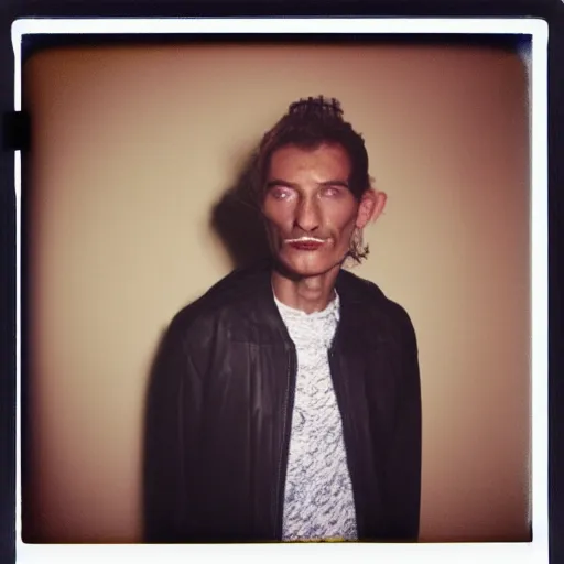 Image similar to albanian stand up comedian, 9 0 s polaroid, colored, by jamel shabbaz, robert mapplethorpe, davide sorrenti