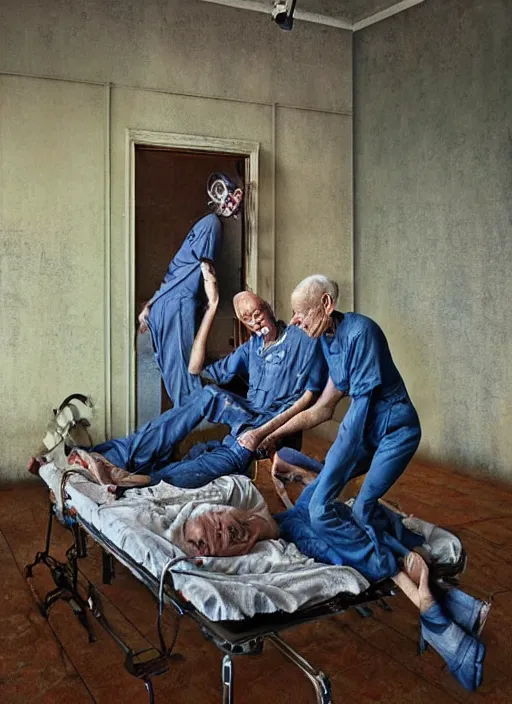 Prompt: skinny, fragile old people wearing denim overalls contemplating death, inside an abandoned room # # # hospital bed # # #, depth of field, hauntingly surreal dystopian, emotionally expressive, highly detailed oil painting, by greg hildebrandt, and mark brooks, neo - gothic, part by adrian ghenie and gerhard richter. art by takato yamamoto.
