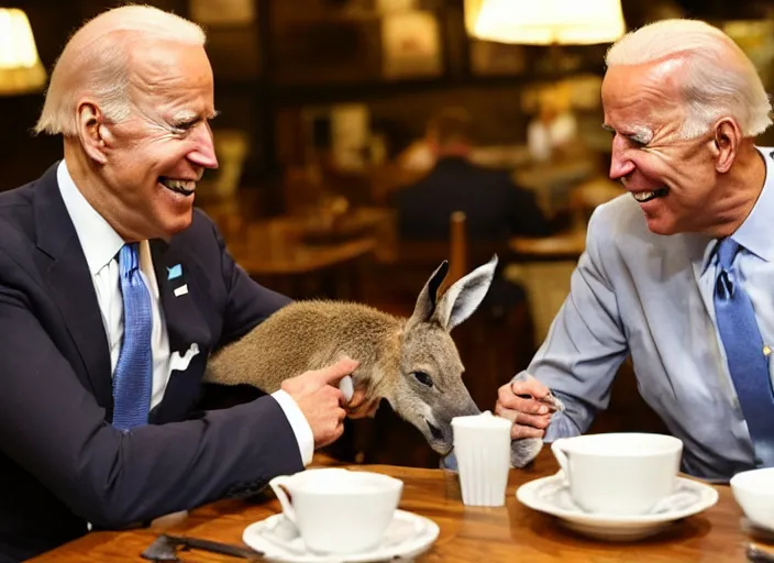 Prompt: Joe Biden eating breakfast at the Cracker Barrel with a kangaroo in a top hat