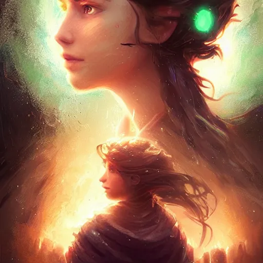 Image similar to portrait young woman with wavy brown hair with a scar across left eye is legendary, frostpunk, high detail, concept art, color, vivid color, floating particles, glowing green eyes, spiral smoke, background by john harris + andreas rocha, artwork by charlie bowater + artgerm + anato finnstark + ross tran