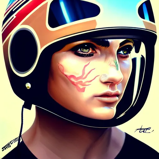 Image similar to sports helmet driver wearing a transparent visor helmet with big eye lashes with high detailed tattoos on neck, side profile on a racing car, highly detailed, digital painting, artstation, concept art, smooth, sharp focus, illustration by Sandra Chevrier