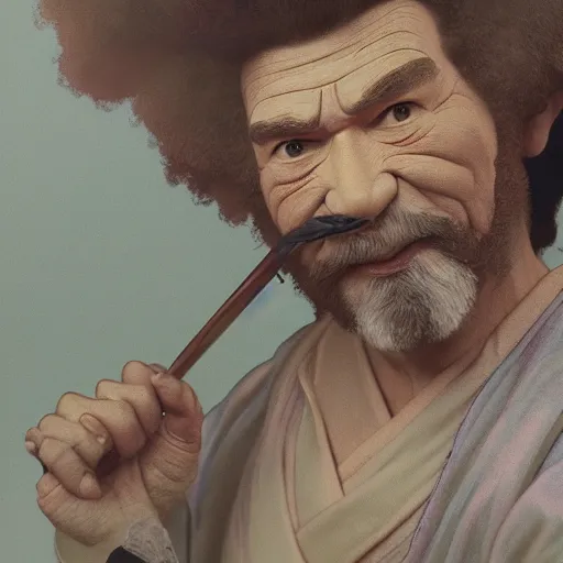 Image similar to an ultra detailed matte painting of bob ross smoking a pipe and dressed as a wandering ronin samurai, edo japan, concept art by jeong seon and alphonse mucha and greg rutkowski, octane render, 8 k, detailed face