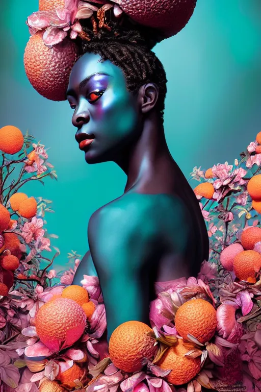 Prompt: hyperrealistic neo - rococo cinematic super expressive! yoruba goddess with exoskeleton armor, merging with tree in a forest, pink orange flowers, highly detailed digital art masterpiece, smooth cam de leon eric zener dramatic pearlescent soft teal light, ground angle hd 8 k, sharp focus