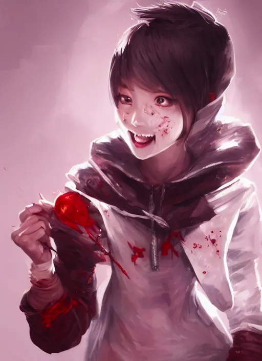 Prompt: a highly detailed illustration of short hair cute japanese girl wearing blood stained hoodie and bandages on legs, dramatic sadistic smile pose, intricate, elegant, highly detailed, centered, digital painting, artstation, concept art, smooth, sharp focus, league of legends concept art, WLOP