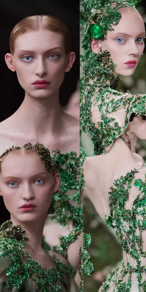 Prompt: fashion photography beautiful green eyes, close up shot, haute couture dresses by balenciaga, canon ef 1 0 5 mm f / 2. 8 the grand budapest hotel