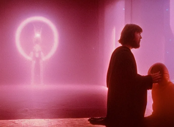 Image similar to Luke skywalker kneels before a star wars alien oracle, a mystic with infinite knowledge of time. in a foggy pink land. still from the 1983 film directed by David Lynch. Photographed with Leica Summilux-M 24 mm lens, ISO 100, f/8, Portra 400