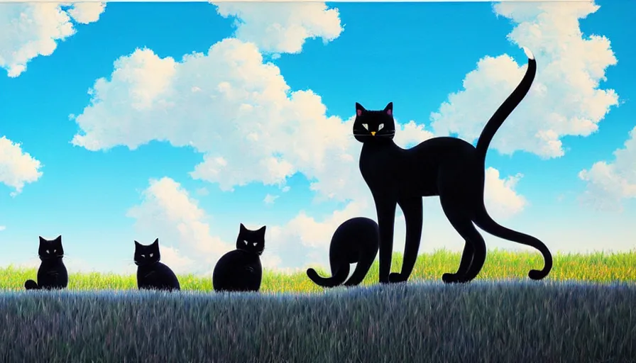 Prompt: highly detailed contemporary acrylic painting of really tall sitting cats by makoto shinkai, thick brush strokes and visible paint layers, glistening clouds in background, light blue black, white and pink vivid pastel color scheme