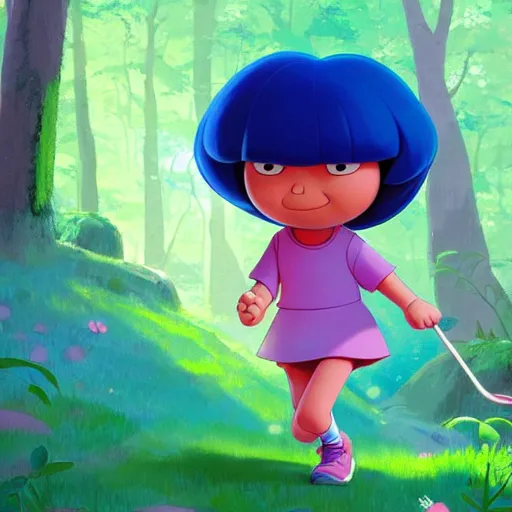 Prompt: goro fujita ilustration mafalda dora the explorer with blue clothes, walking through the forest, painting by goro fujita, sharp focus, highly detailed, artstation