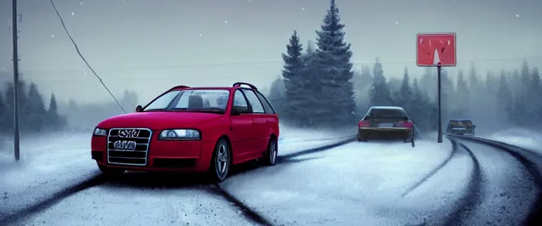 Prompt: Audi A4 B6 Avant (2002), a gritty neo-noir, dramatic bright lighting, cinematic, establishing shot, extremely high detail, photorealistic, cinematic lighting, artstation, by simon stalenhag, Snowy italian road, Snowy Apennines, At night, Poets of the Fall - Late Goodbye