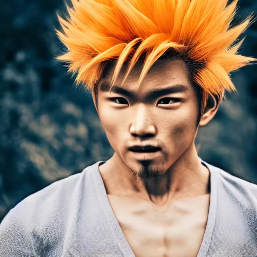 Image similar to photorealistic human goku, goku as an asian man, goku in real life, spiky hair, orange gi, asian human, realistic photography, human goku, photography, cinematic