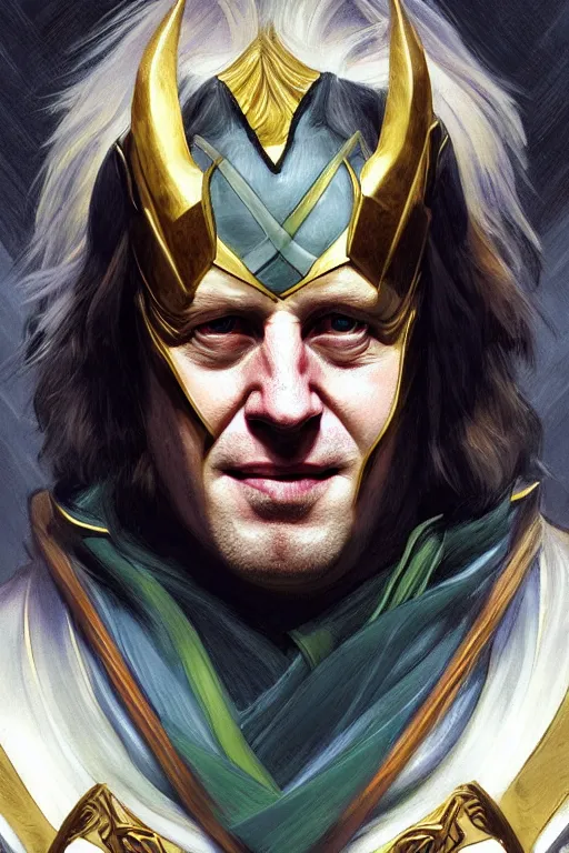 Image similar to Boris Johnson as Loki, realistic portrait, symmetrical, highly detailed, digital painting, artstation, concept art, smooth, sharp focus, illustration, cinematic lighting, art by artgerm and greg rutkowski and alphonse mucha