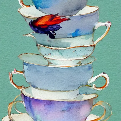 Image similar to a bird sitting on top of a stack of tea cups, a watercolor painting by annabel kidston, shutterstock contest winner, pop surrealism, whimsical, detailed painting, storybook illustration