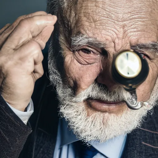 Image similar to Studio photo close up of an old man wearing a suit and smoking a pipe, battered by life, 4k HDR, sigma 85mm f/1.4, atmospheric lighting