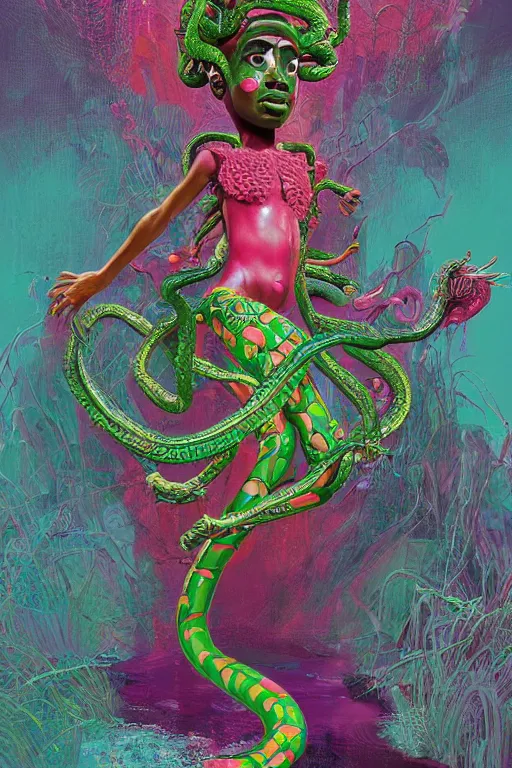 Image similar to epic 3 d osumare, trans african deity, liquid hands and feet spinning, 2 0 mm, with green and pink vines melting smoothly into asymmetrical snakes and rainbows, liquid, delicate, intricate, houdini sidefx, trending on artstation, by jeremy mann and ilya kuvshinov, jamie hewlett and ayami kojima