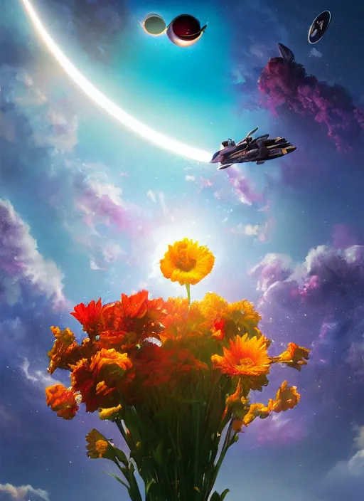 Image similar to An epic fantastic realism comic book style painting of the most beautiful flowers launched into space, bouquets, solar eclipse, fisheye, unreal 5, DAZ, hyperrealistic, octane render, dynamic lighting