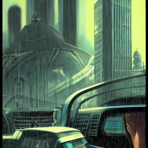 Image similar to detailed face of a woman, clockwork, moment, tectonic sky, skydome, bullet train, turbines, utopian, tech noir, wet reflections, prism, atmospheric, ambient, pj crook, syd mead, livia prima, greg rutkowski, edward hopper