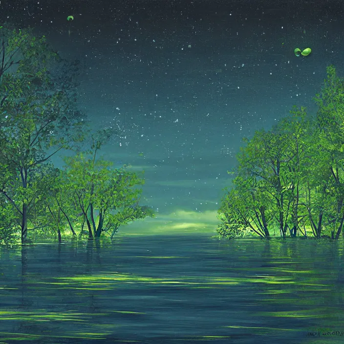 Image similar to lake trees night fireflies glowing above water digital painting concept art