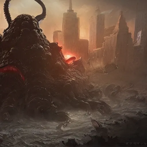 Image similar to ted cruz as a hideous octopus monster, destroys a city, greg rutkowski