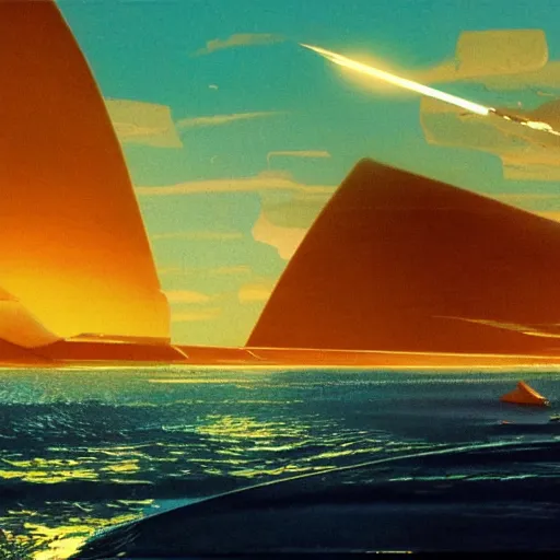 Image similar to golden shores of a blue dreamy ocean, sci - fi, daylight, blue sky, cinematic lighting, cinematic perspective, syd mead, john harris