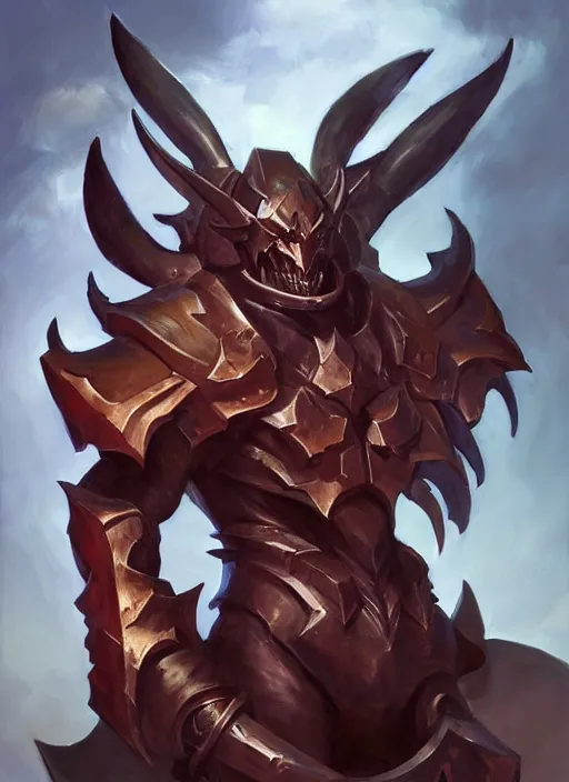 Prompt: Greg Manchess portrait painting of a demonic, devil armored character from league of legends, full shot, asymmetrical, profile picture, Organic Painting, sunny day, Matte Painting, bold shapes, hard edges, street art, trending on artstation, by Huang Guangjian and Gil Elvgren and Sachin Teng