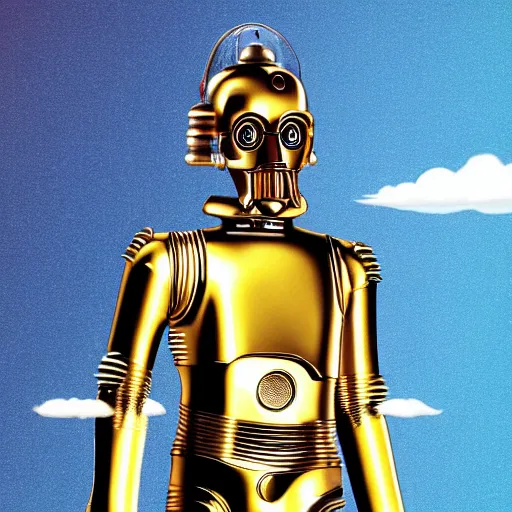 Image similar to entire body portrait of Simpson as C3PO in star wars, background blue sky puffy clouds cinematic 4k