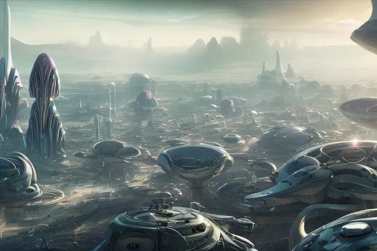 Prompt: a futuristic image of an alien desert with a gigantic complex mushroom shaped spaceport, fine detail, by James clyne and Andrée Wallin, foggy, cyberpunk city in the distance, iridescent, artstation, CG society, Ariel view, extra wide angle, morning light