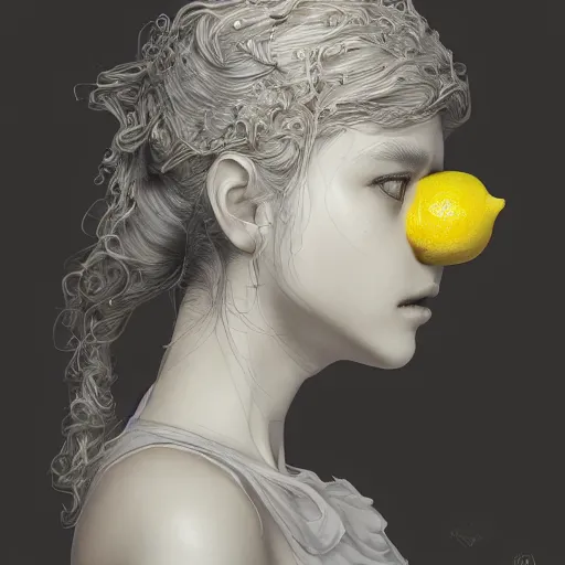 Image similar to the portrait of a lemon that resembles an absurdly beautiful, graceful, elegant, sophisticated, young gravure idol, an ultrafine hyperdetailed illustration by kim jung gi, irakli nadar, intricate linework, bright colors, octopath traveler, final fantasy, unreal engine 5 highly rendered, global illumination, radiant light, detailed and intricate environment