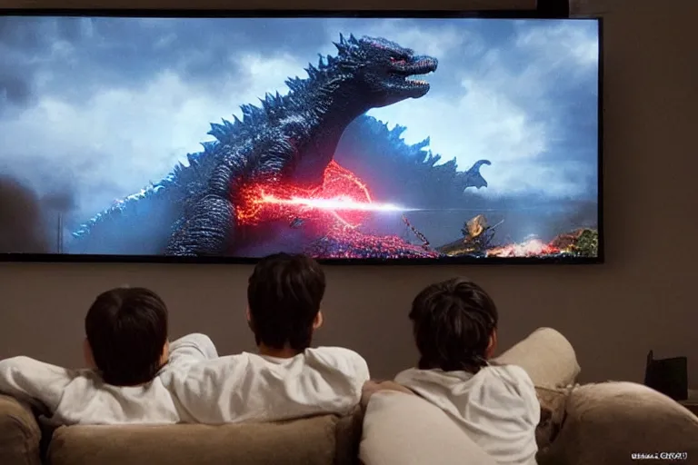 Image similar to two godzillas!!! sitting in the living room!!! couch!!! playing playstation in the couch, sitting with playstation controllers, playing videgames, in the living room, cinematic, epic lighting, still shot from the new godzilla movie