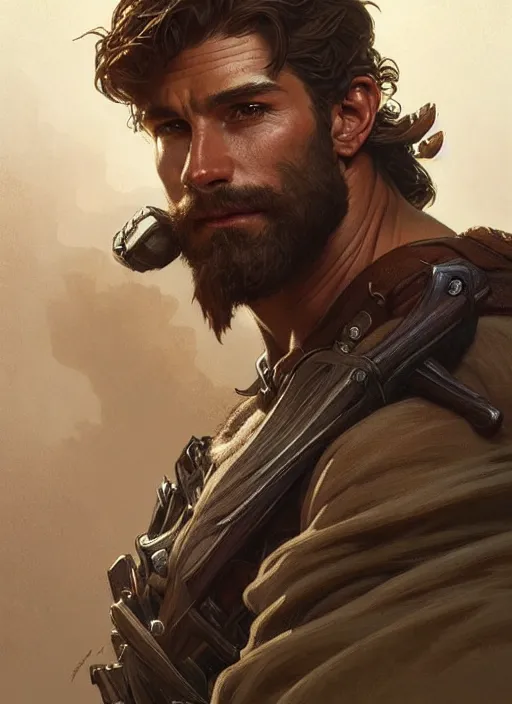 Prompt: Portrait of rugged male ranger, D&D, muscular, fantasy, intricate, elegant, highly detailed, digital painting, artstation, concept art, smooth, sharp focus, illustration, art by artgerm and greg rutkowski and alphonse mucha