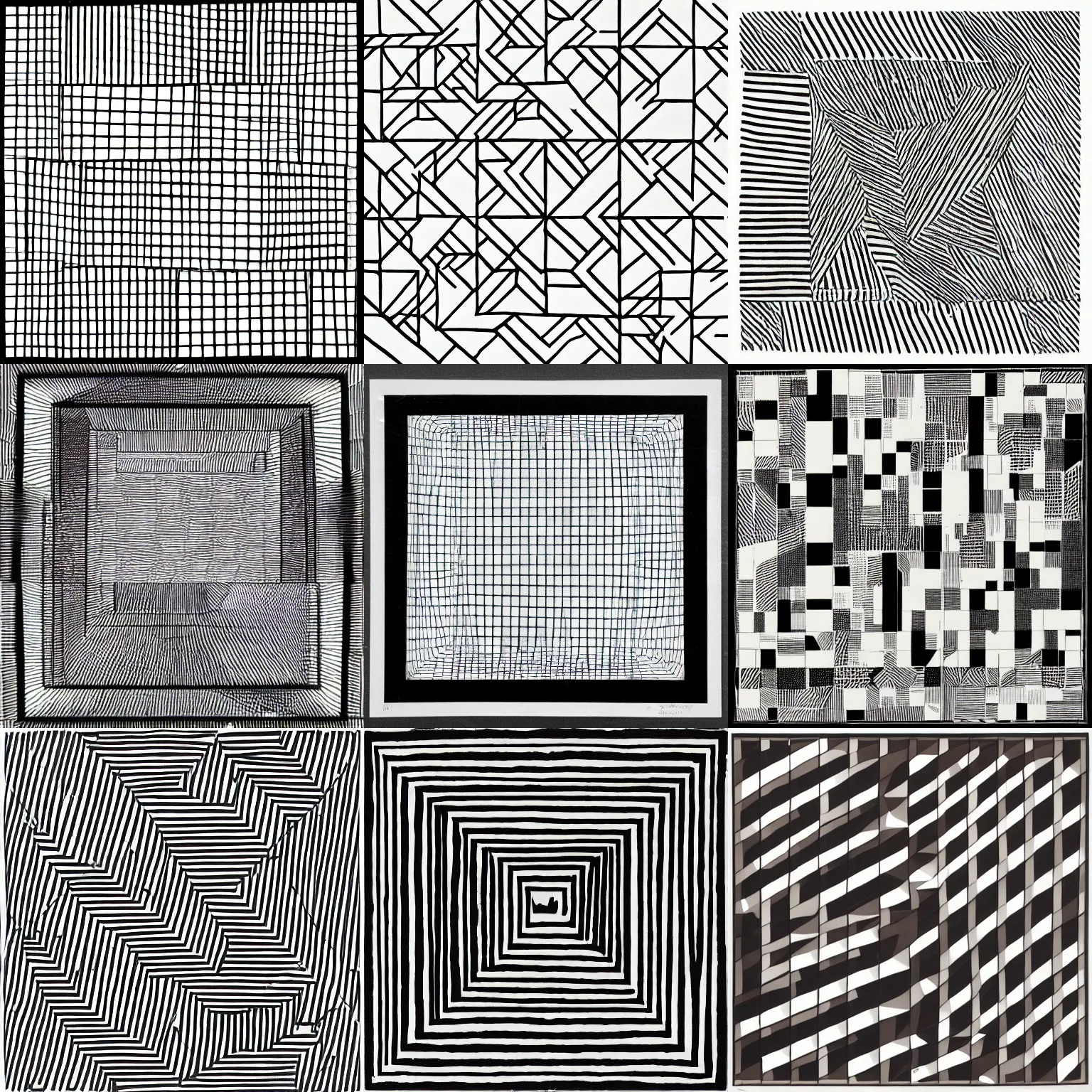 Image similar to an abstract picture a 36 squares arranged in a grid, hundreds of random pencil lines, Sol LeWitt, black and white