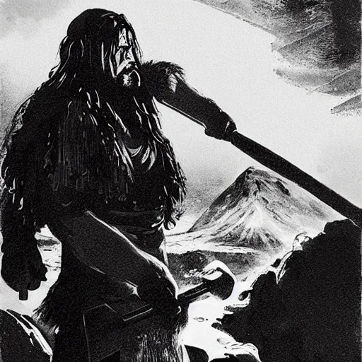 Image similar to norse troll blacksmith with sledgehammer profile portrait half body monochrome portrait hammer cover illustration dramatic kvlt by peder balke by peder balke by guido crepax by norman bluhm mystic high contrast monochromatic norway