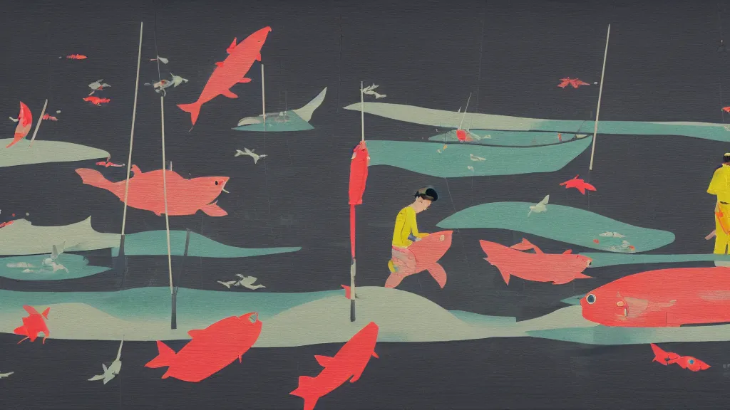 Prompt: japan fishing in odaiba, a collage painting, in the style of wes anderson, lola dupre, david hockney, isolated on negative space background dark monochrome neon spraypaint accents volumetric octane render