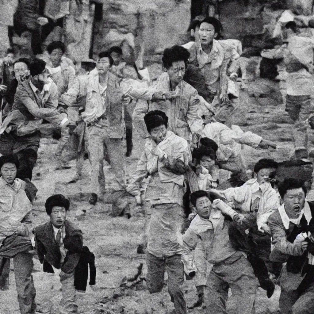 Prompt: low resolution filmstill of a north Korean thriller in the style of Akira Kurosawa, Fritz Lang, Jeff Wall