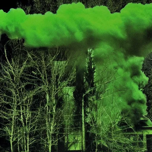 Image similar to a photograph of chernobyl emitting green smoke, photographs smuggled out from the soviet union, chernobyl, bright green