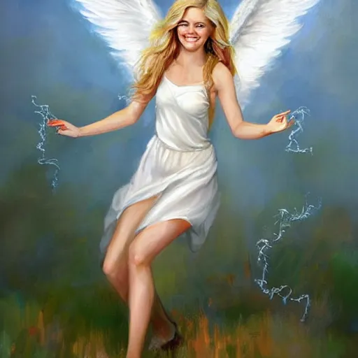 Prompt: a full - body portrait painting of an angel, a young woman with long blond hair and a halo smiling in heaven, steve henderson