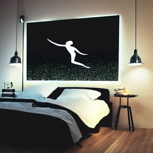 Prompt: Digital art of a silhouette of a person flying above their bed, the ceiling is a beautiful dream world, bedroom, trending, award winning